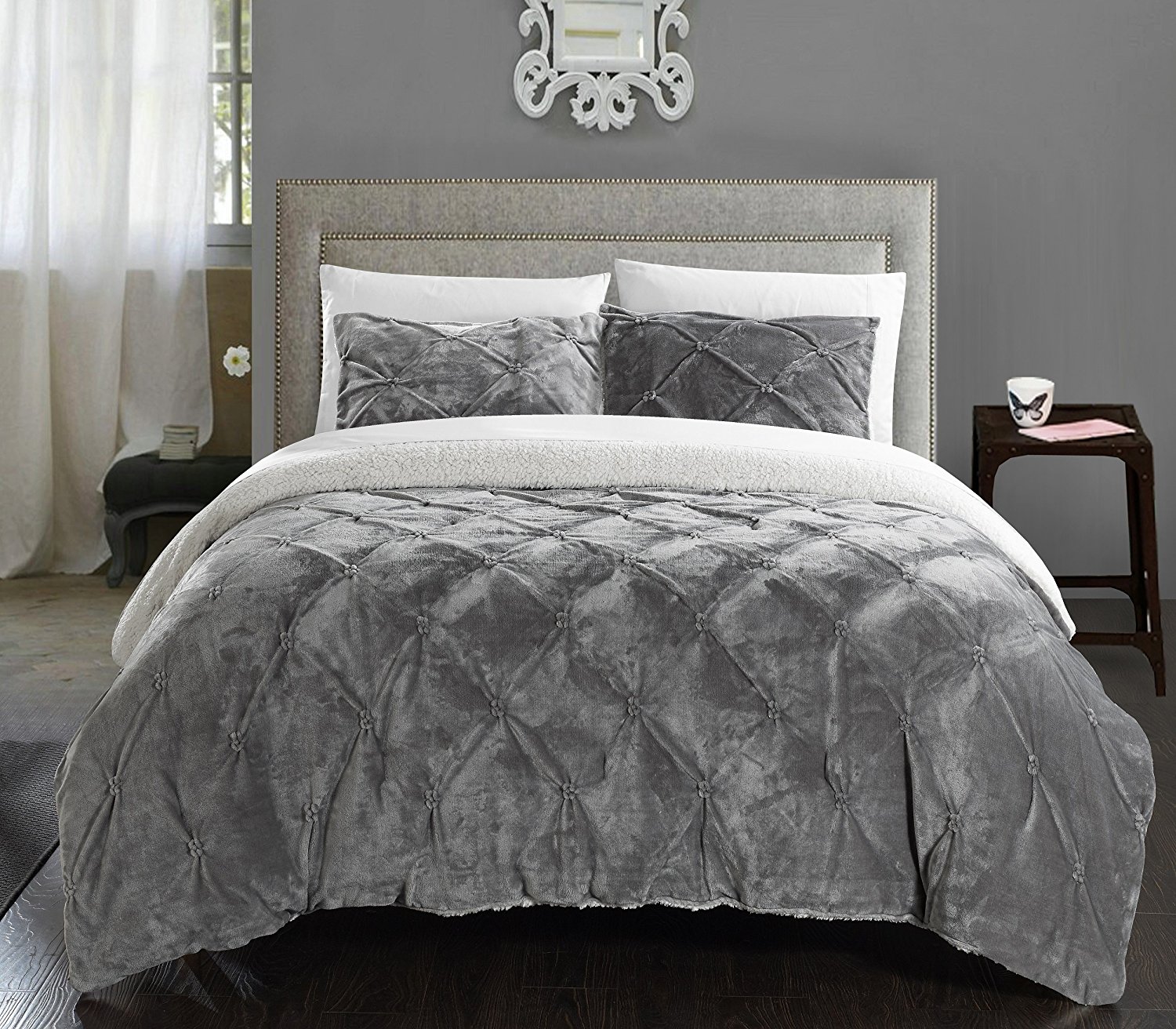 Chic Home 3 Piece Josepha Pinch Pleated Ruffled and Pintuck Sherpa Lined Comforter Set