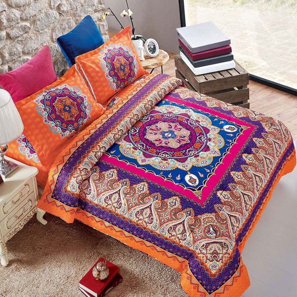 Mandala Comforter Set Queen, 3Piece Reversible Orange Bohemian Boho