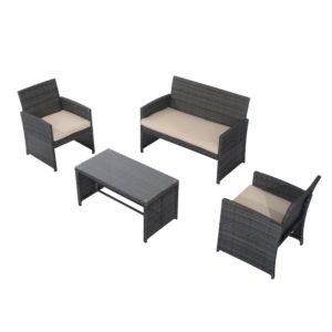 Outsunny 4Pcs Rattan Sofa Set Patio Wicker Furniture Garden Lawn Chair with Table & Cushion