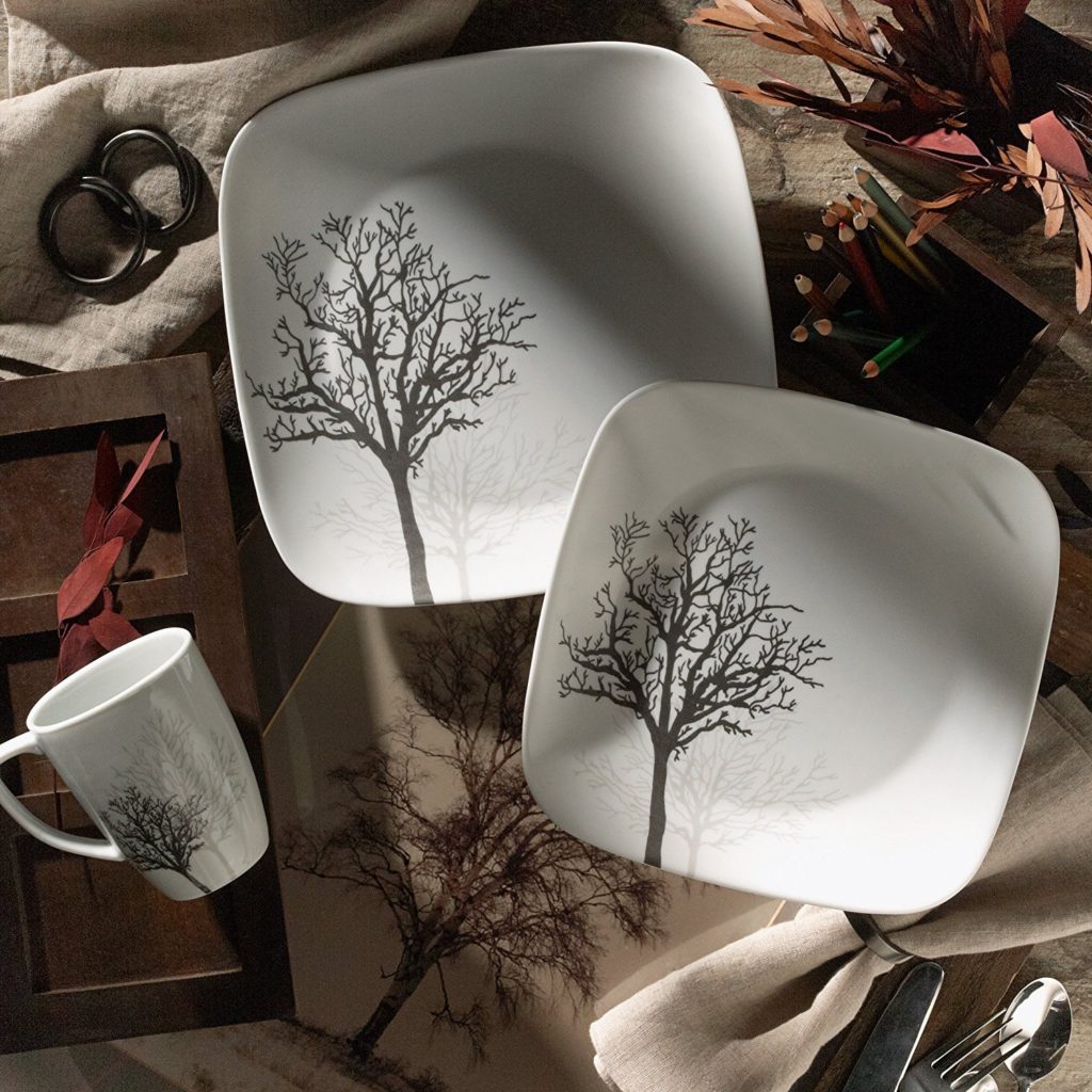 Corelle Timber Shadows Set Stoviglie 12 Pezzi | Quadrato, Servizio 4 | Piatti E Ciotole Antischiocco, Microonde E Lavastoviglie