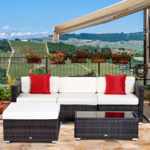 Outsunny 5pc Outdoor Modular Rattan Wicker Sofa Set Garden Sectional Patio Furniture with Table