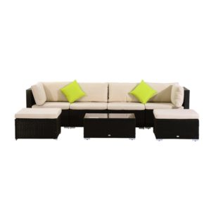 Outsunny 7pcs Wicker Rattan Sectional Outdoor Patio Sofa Table Set Garden Furniture with Cushion, Black, Khaki